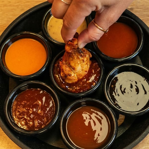 A hand dips a chicken wing into one of seven different sauces on a black tray.