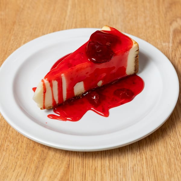 A slice of cheesecake topped with glistening red strawberry sauce on a white plate.