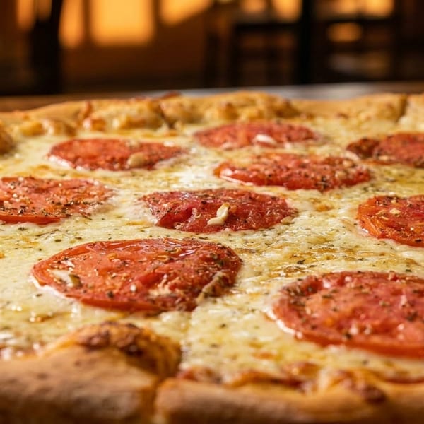 Close-up of a freshly baked pizza with melted cheese and sliced tomatoes on a metal pan.